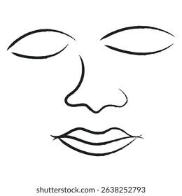 Abstract minimal face icon line art sketch with closed eyes lips and nose in calm meditative expression vector illustration element design.