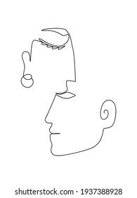 Resumen Cara mínima. Avatar Minimalista Aislado. Esbozar silueta de cara. Esbozo de cabeza de hombre y mujer. Retrato de familia minimalista. Beso de San Valentín. Retrato de arte de una sola línea. Ilustración del vector de tatuajes.