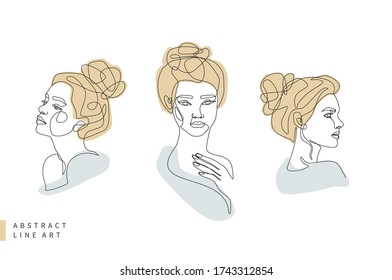 Abstract minimal face line art set. Woman head in profile and front. Hand drawn fashion logo design illustration.