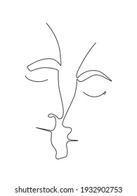 Abstract Minimal Face. One Line Art Portrait. Man and Woman Heads Sketch. Minimalist Family Portrait. Valentine Kiss. Outline Face Silhouette. Isolated Minimalist Avatar. Tattoo Vector Illustration.