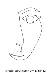 Abstract Minimal Face. One Line Art Portrait. Tattoo Vector Illustration. Isolated Minimalist Avatar. Outline Face Silhouette. Caucasian Woman Userpic. Female Head Profile. Vintage Linear Sketch.