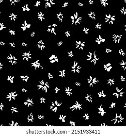Abstract minimal floral seamless repeat pattern. Random placed, monochrome vector petal all over surface print on black background.