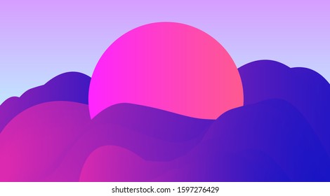 Abstract minimal futuristic background with pink sun in waves. Syntwave, vaporwave, retrowave 80's-90's style aesthetics.