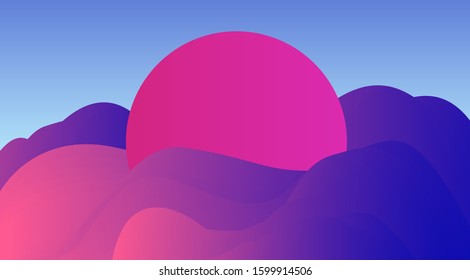 Abstract minimal futuristic background with pink sun in waves. Syntwave, vaporwave, retrowave 80's-90's style aesthetics.