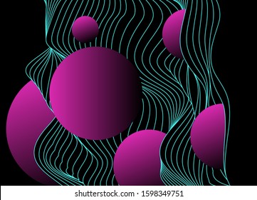 Abstract minimal futuristic background with waves and circles. Syntwave, vaporwave, retrowave 80's-90's style aesthetics.
