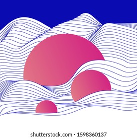 Abstract minimal futuristic background with waves and circles. Science or technology poster template in Syntwave, vaporwave, retrowave 80's-90's style aesthetics.