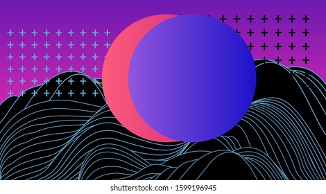 Abstract minimal futuristic background with waves and circles. Science or technology poster template in Syntwave, vaporwave, retrowave 80's-90's style.