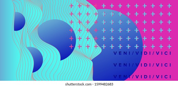 Abstract minimal futuristic background with waves and circles. Science of technology poster template in Syntwave, vaporwave, retrowave 80's-90's style aesthetics.