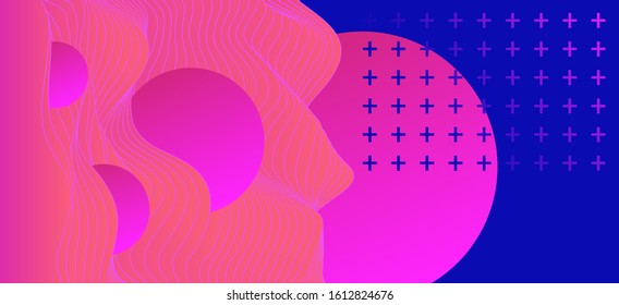 Abstract minimal futuristic background with waves and circles. Syntwave, vaporwave, retrowave 80's-90's styel aesthetics.