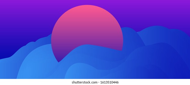 Abstract minimal futuristic background with waves and circles. Syntwave, vaporwave, retrowave 80's-90's styel aesthetics.