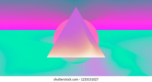 Abstract Minimal Futuristic Vector Illustration in Retrofuturistic/ Synthwave/ Vaporwave Style. Circle and Triangle on Colorful Fluid Blurry Gradient Background. 