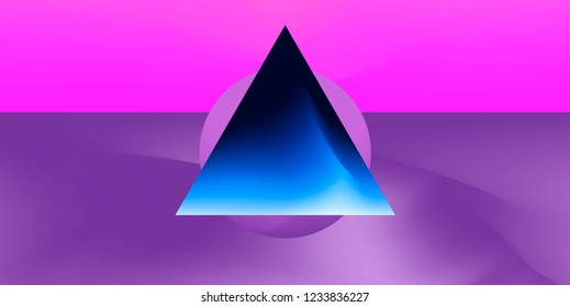 Abstract Minimal Futuristic Vector Illustration in Retrofuturistic/ Synthwave/ Vaporwave Style. Circle and Triangle on Colorful Fluid Neon Pink Gradient Background. Synthwave/ Cyberpunk Design.