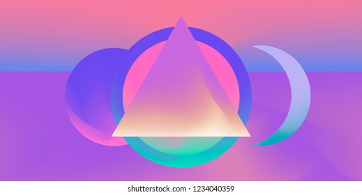 Abstract Minimal Futuristic Vector Illustration in Retrofuturistic/ Synthwave/ Vaporwave Style. Planet parade, Alchemic Geometric Composition on Colorful Fluid Neon Pink Gradient Background. 