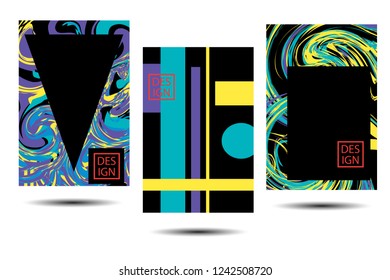 Abstract minimal geometric background. Universal cards with geometric shapes and marble texture. For printing on covers, banners, sales, flyers. Modern design. Vector.