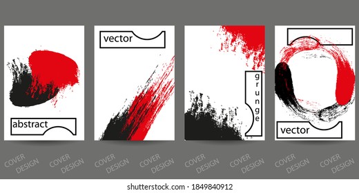 Abstract minimal geometric backgrounds set.Red and black geometric pattern with  brush strokes on  white background. For printing on covers, banners, sales, flyers. Modern design. Vector. EPS10