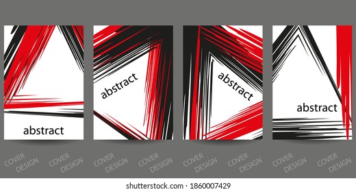 Abstract minimal geometric backgrounds set.Red and black geometric pattern with  brush strokes on  white background. For printing on covers, banners, sales, flyers. Modern design. Vector. EPS10