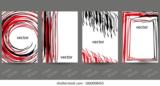Abstract minimal geometric backgrounds set.Red and black geometric pattern with  brush strokes on  white background. For printing on covers, banners, sales, flyers. Modern design. Vector. EPS10