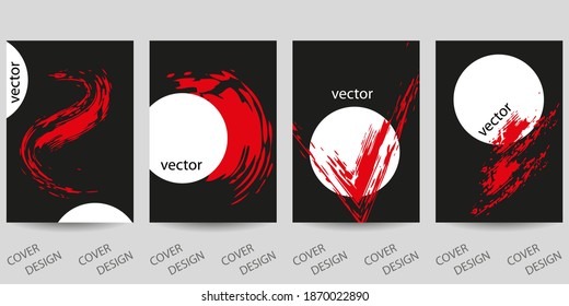 Abstract minimal geometric backgrounds set.Red and white geometric pattern with  brush strokes on  black background. For printing on covers, banners, sales, flyers. Modern design. Vector. EPS10