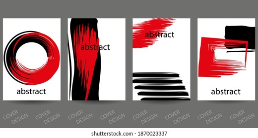 Abstract minimal geometric backgrounds set.Red and black geometric pattern with  brush strokes on  white background. For printing on covers, banners, sales, flyers. Modern design. Vector. EPS10