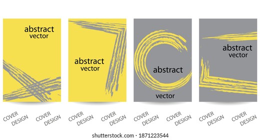 Abstract minimal geometric backgrounds set. Geometric pattern with brush strokes in trending colors of 2021 - Ultimate Gray and Illuminating. For printing on covers, banners, sales, flyers. 