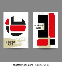 Abstract minimal geometric backgrounds set.Red and black geometric pattern with  paper cut effect on  white background. For printing on covers, banners, sales, flyers. Modern design. Vector. EPS10