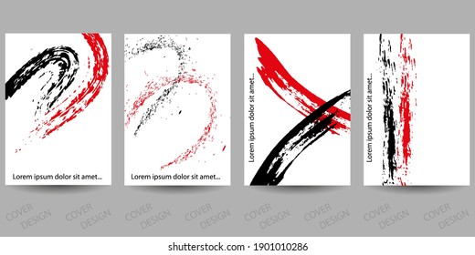 Abstrakte minimale geometrische Hintergründe Set.Rotes und schwarzes geometrisches Muster mit Pinselstrichen auf weißem Hintergrund. Für den Druck auf Cover, Banner, Verkäufe, Flyer. Modernes Design. Vektorgrafik. EPS10