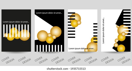 Abstract minimal geometric backgrounds set. Golden 3d balls on  black and white background. For printing on covers, banners, sales, flyers. Modern design. Vector. EPS10