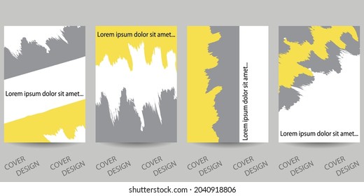 Abstract minimal geometric backgrounds set. Geometric pattern with abstract strokes in trending colors of 2021 - Ultimate Gray and Illuminating. For printing on covers, banners, sales, flyers.