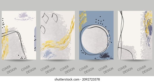 Abstrakte minimale geometrische Hintergründe. Geometrisches Grunge-Muster mit Pinselstrichen in Grau, Gold und Blau. Für den Druck auf Cover, Banner, Verkäufe, Flyer. Modernes Design. Vektorgrafik.