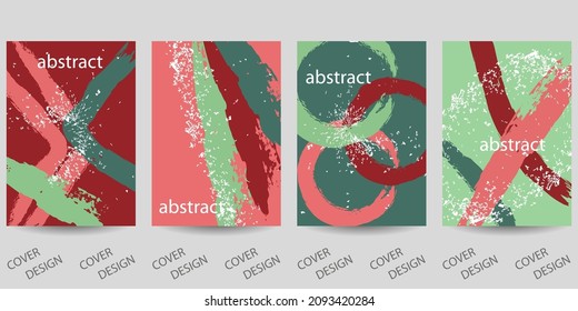 Abstract minimal geometric backgrounds set. Multicolored geometric pattern with brush strokes in shades of pink and green. For printing on covers, banners, sales, flyers. Modern design. Vector.