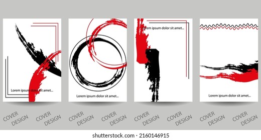 Abstrakte minimale geometrische Hintergründe Set.Rotes und schwarzes geometrisches Muster mit Pinselstrichen auf weißem Hintergrund. Für den Druck auf Cover, Banner, Verkäufe, Flyer. Modernes Design. Vektorgrafik. 