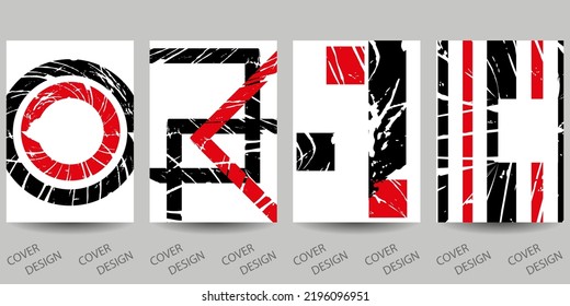 Abstract minimal geometric backgrounds set.Red and black geometric pattern with  brush strokes on  white background. For printing on covers, banners, sales, flyers. Modern design. Vector. 