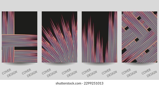 Abstract minimal geometric backgrounds set. Colorful gradient rays of thin  lines on  black  background. For printing on covers, banners, sales, flyers. Modern design. Line art.