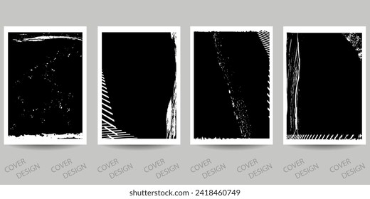 Abstract minimal geometric backgrounds set. Black geometric pattern with art grunge texture drawn with brushes . For printing on covers, banners, sales, flyers.  Vector.