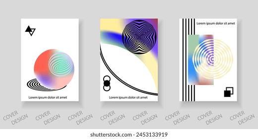 Abstract minimal geometric backgrounds set. Colorful geometric pattern with holographic texture and distorted geometric shapes. For printing on covers, banners, sales, flyers. Modern design.