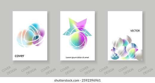 Abstract minimal geometric backgrounds set. Colorful geometric pattern with holographic texture and  geometric shapes. For printing on covers, banners, sales, flyers. Modern design.