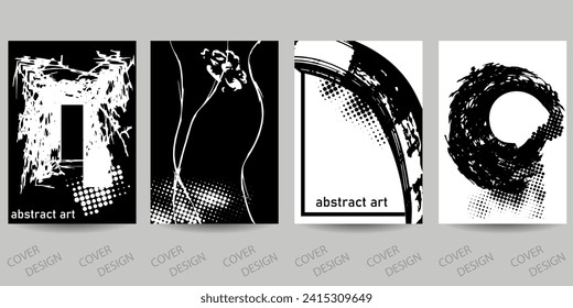 Resumen conjunto de fondo geométrico mínimo.Patrón geométrico en blanco y negro con textura de grunge de arte dibujado con pinceles y efecto de medio tono. Para imprimir en portadas, banners, ventas, volantes.  Vector.