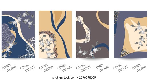 Abstract minimal geometric backgrounds set.Colorful geometric pattern with art texture and flowers. For printing on covers, banners, sales, flyers. Modern design. Vector. EPS10