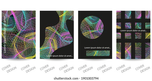 Abstract minimal geometric backgrounds set.Colorful geometric pattern with wavy texture on black . For printing on covers, banners, sales, flyers. Modern design. Vector. EPS10