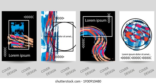 Abstract minimal geometric backgrounds set.Colorful geometric pattern with art texture hand-drawn with brushes. For printing on covers, banners, sales, flyers. Modern design. Vector. EPS10