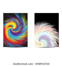 Abstract minimal geometric backgrounds set.Curly pattern from brushstroke. Colorful rainbow and pastel curl on black. For printing on covers, banners, sales, flyers. Modern design. Line art.