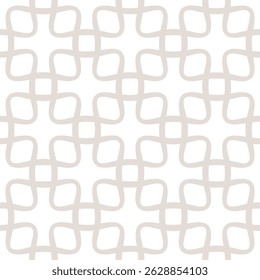 Abstract minimal geometric ornamental seamless pattern. Subtle beige and white vector ornament texture with curved lines, square grid, net, lattice, mesh. Minimal background. Repeating modern design