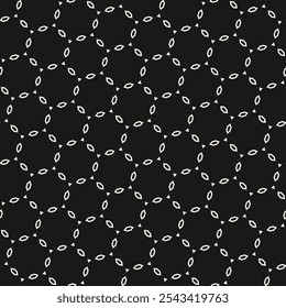 Abstract minimal geometric seamless pattern in arabesque style. Vector minimalist texture with diamonds, triangles, grid, delicate diagonal lattice. Black and white background. Dark repeated design