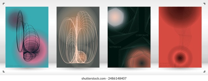 Abstraktes Posterdesign der minimalgeometrischen Vektorgrafik mit Linien und farbigen Farbverlaufskreisen. Kollektion von abstrakten Hintergründen für Cover, Flyer, Vorlagen, Booklets, Cards, Broschüren, Branding, etc.