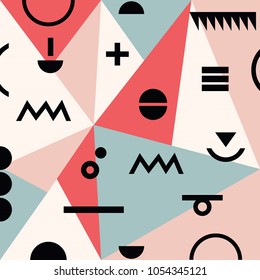 Abstract minimal geometrical modern Memphis material background pattern with black symbols