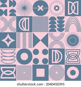 Abstract minimal geometrical seamless pattern. Bauhaus, geometric monochrome shapes. Trendy design. 