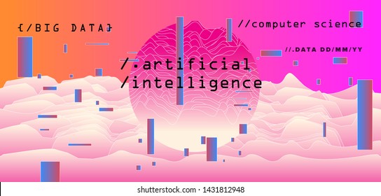 Abstract minimal glitched vector background for Computer Analytics subject: statistical analysis, data mining and machine learning. Vaporwave/ synthwave/ retrowave futuristic neon aesthetics style. 