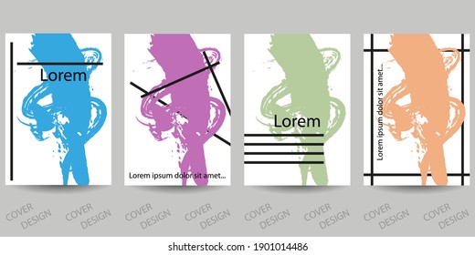 Abstract minimal grunge backgrounds set.Multicolored geometric pattern with  brush strokes on  white background. For printing on covers, banners, sales, flyers. Modern design. Vector. EPS10