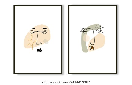 Abstract minimal hand drawn line art face wall art. Wall decor set for house decoration.