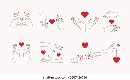 Abstract minimal hands set. Love heart shapes with female fingers, feminine linear art, outline beauty tattoo. Doodle vector illustration